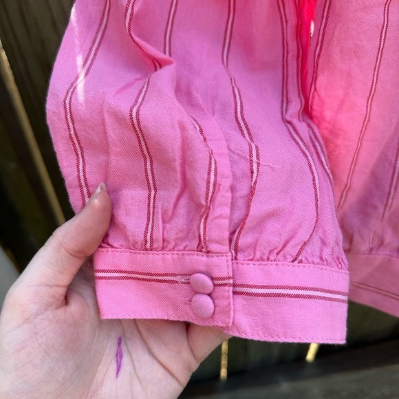 Madewell Contemporary Cecilia Striped Pink Bubble Sleeve Wrap Top Blouse - Picture 12 of 12